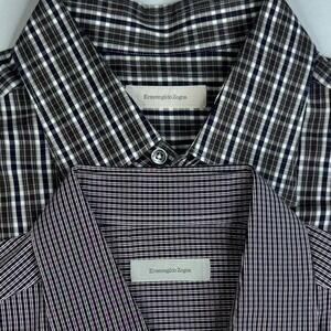 Ermenegildo Zegna Shirt Lot of 2 Mens XXL Brown Blue Plaid Made in Italy EUC